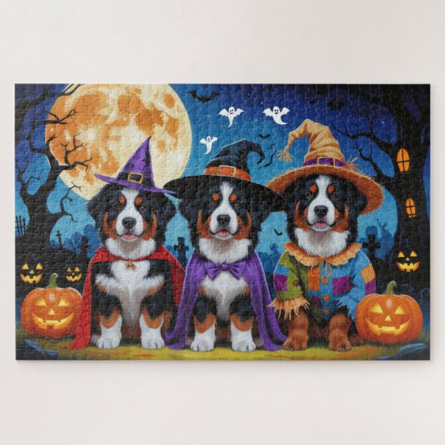 Bernese Mountain Dogs Pumpkin Halloween Funny Jigsaw Puzzle (Horizontal)