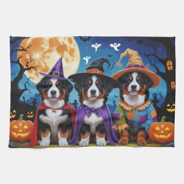 Bernese Mountain Dogs Pumpkin Halloween Funny Kitchen Towel (Horizontal)