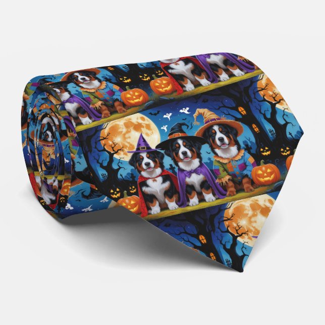 Bernese Mountain Dogs Pumpkin Halloween Funny Neck Tie (Rolled)