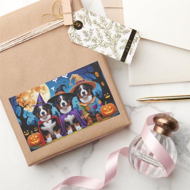 Bernese Mountain Dogs Pumpkin Halloween Funny Rectangular Sticker (Gifting)