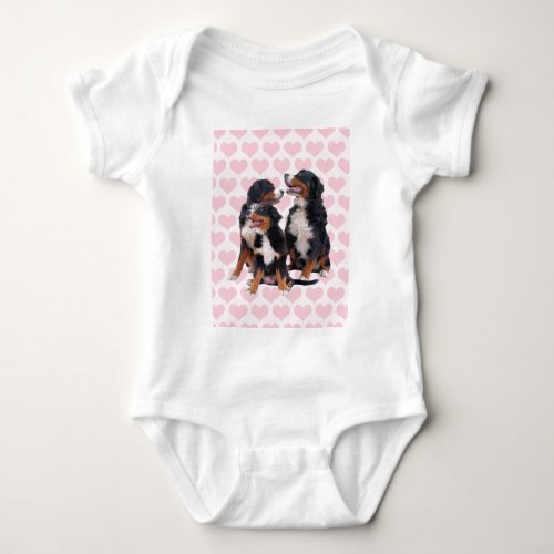 Bernese Mountain Dogs with Pink Hearts Baby Bodysuit