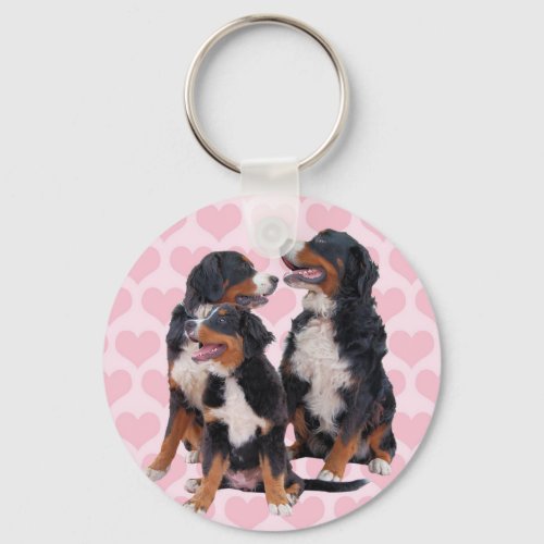 Bernese Mountain Dogs with Pink Hearts Keychain