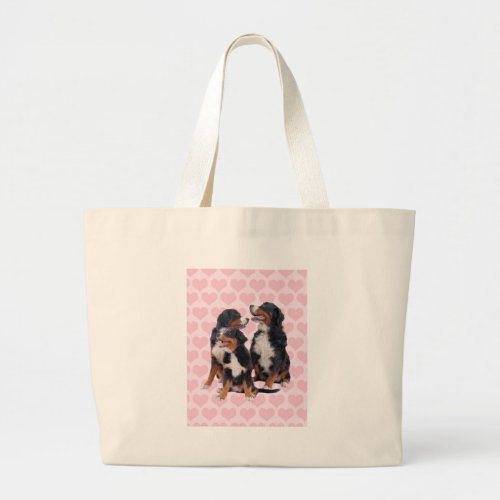 Bernese Mountain Dogs with Pink Hearts Large Tote Bag