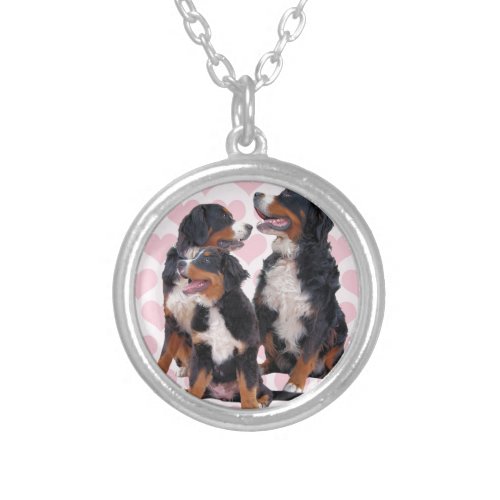 Bernese Mountain Dogs with Pink Hearts Silver Plated Necklace