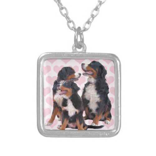 Bernese Mountain Dogs with Pink Hearts Silver Plated Necklace