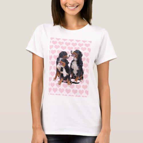 Bernese Mountain Dogs with Pink Hearts T_Shirt