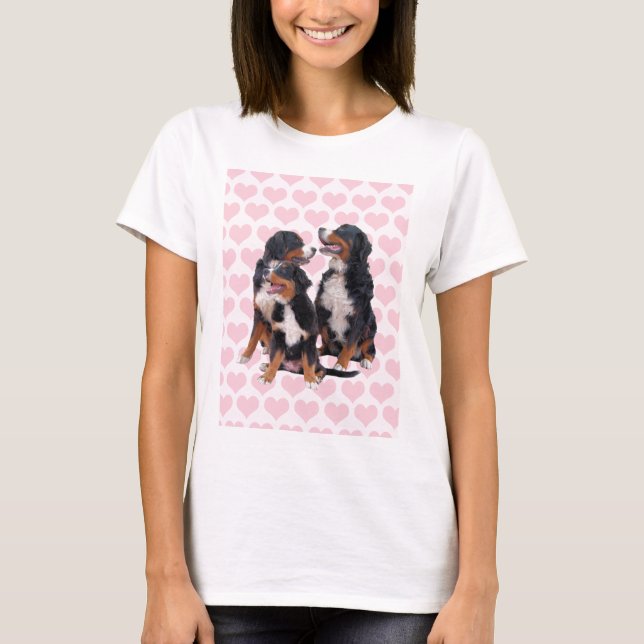 Bernese Mountain Dogs with Pink Hearts T-Shirt (Front)