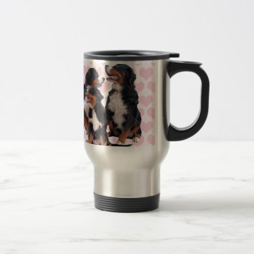 Bernese Mountain Dogs with Pink Hearts Travel Mug