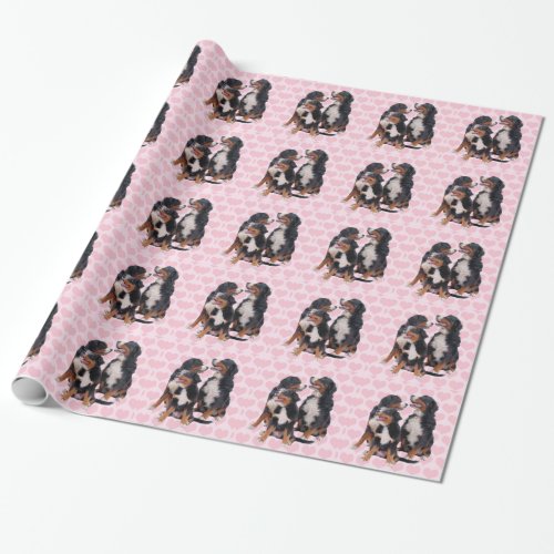 Bernese Mountain Dogs with Pink Hearts Wrapping Paper