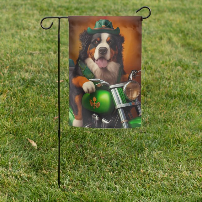 Bernese Mountain Driving Bike St. Patrick's Day Garden Flag (In SItu)