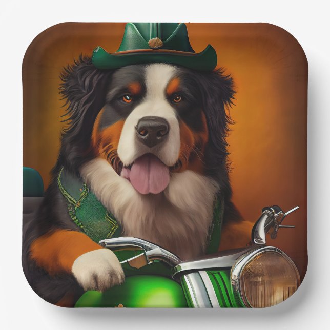Bernese Mountain Driving Bike St. Patrick's Day Paper Plates (Front)