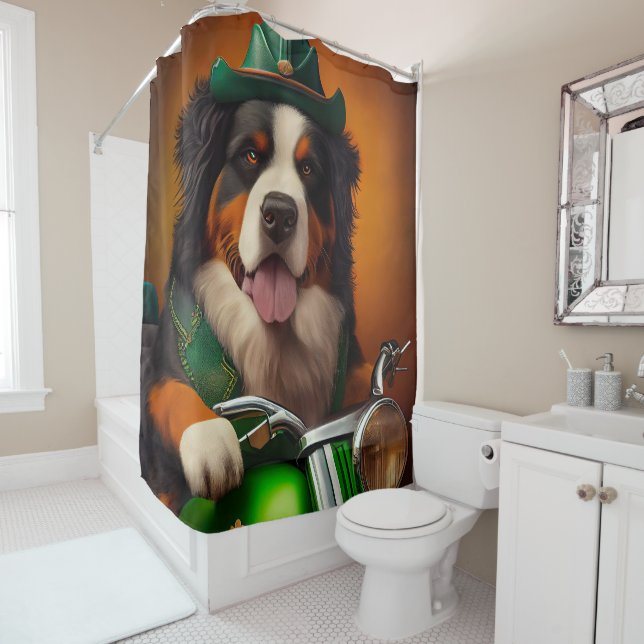 Bernese Mountain Driving Bike St. Patrick's Day Shower Curtain (In Situ)