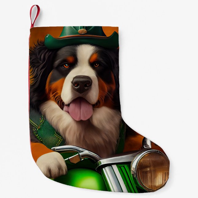 Bernese Mountain Driving Bike St. Patrick's Day Small Christmas Stocking (Front)