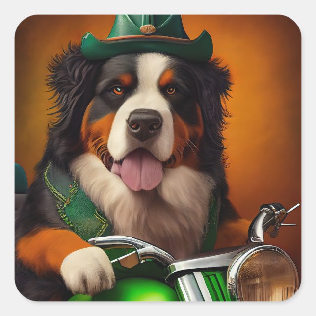 Bernese Mountain Driving Bike St. Patrick's Day Square Sticker (Front)