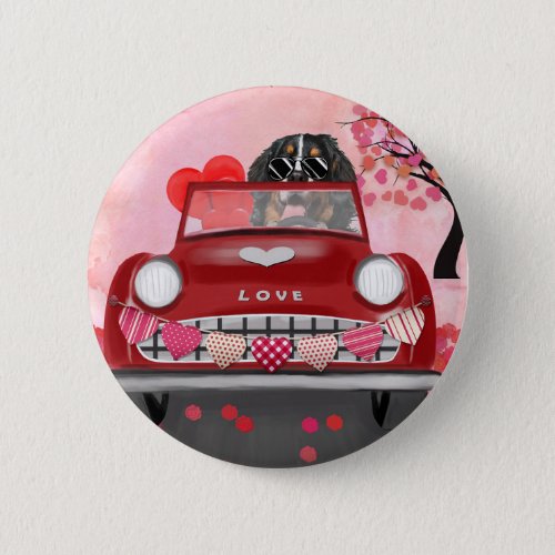 Bernese Mountain Driving Car with Hearts Valentine Button