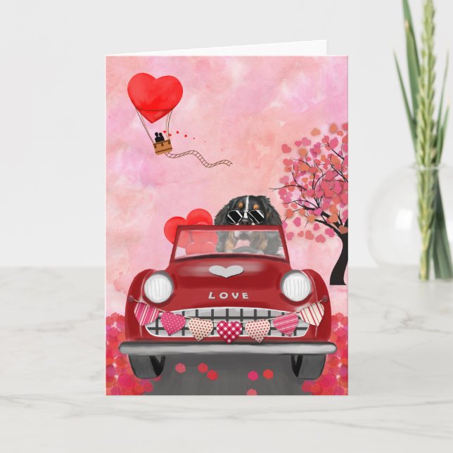 Bernese Mountain Driving Car with Hearts Valentine Card (Front)