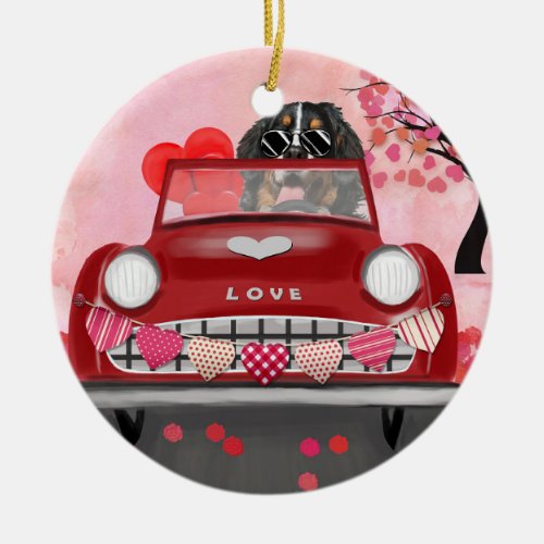 Bernese Mountain Driving Car with Hearts Valentine Ceramic Ornament