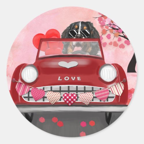 Bernese Mountain Driving Car with Hearts Valentine Classic Round Sticker
