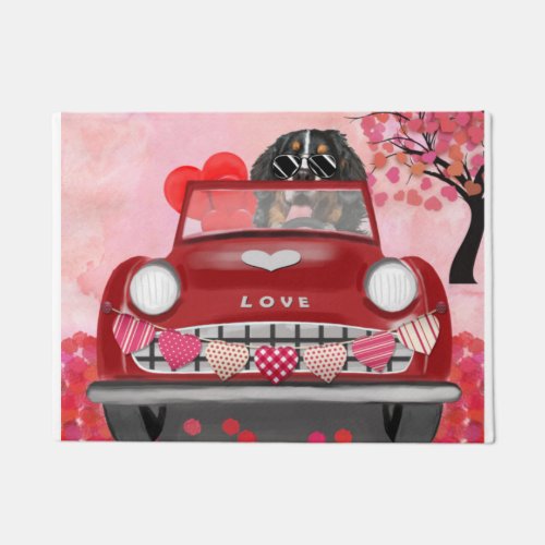 Bernese Mountain Driving Car with Hearts Valentine Doormat