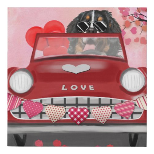 Bernese Mountain Driving Car with Hearts Valentine Faux Canvas Print