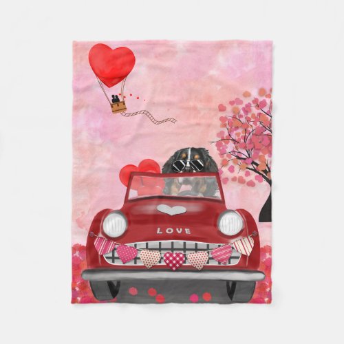 Bernese Mountain Driving Car with Hearts Valentine Fleece Blanket