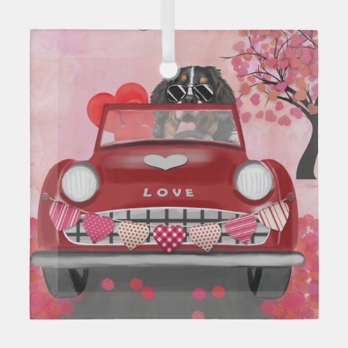 Bernese Mountain Driving Car with Hearts Valentine Glass Ornament