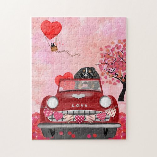 Bernese Mountain Driving Car with Hearts Valentine Jigsaw Puzzle