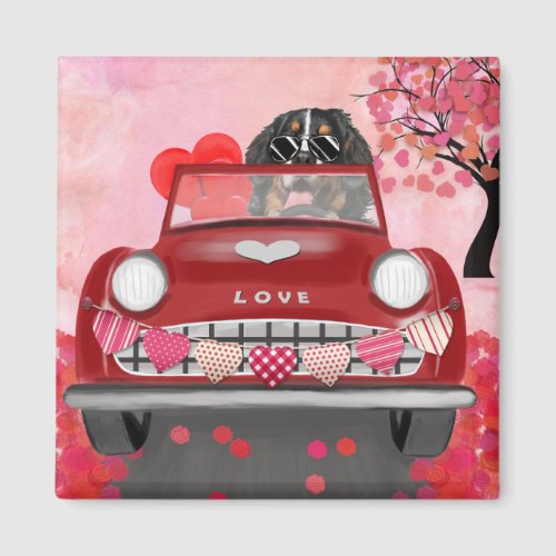 Bernese Mountain Driving Car with Hearts Valentine Magnet