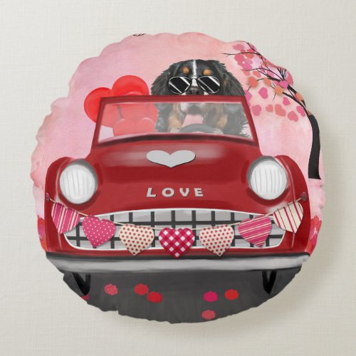 Bernese Mountain Driving Car with Hearts Valentine Round Pillow