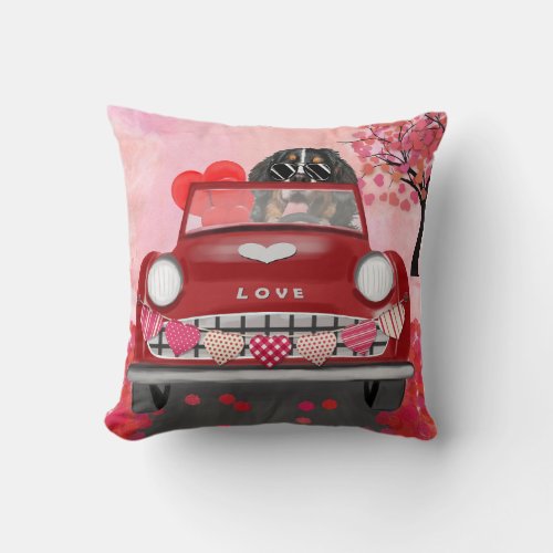 Bernese Mountain Driving Car with Hearts Valentine Throw Pillow