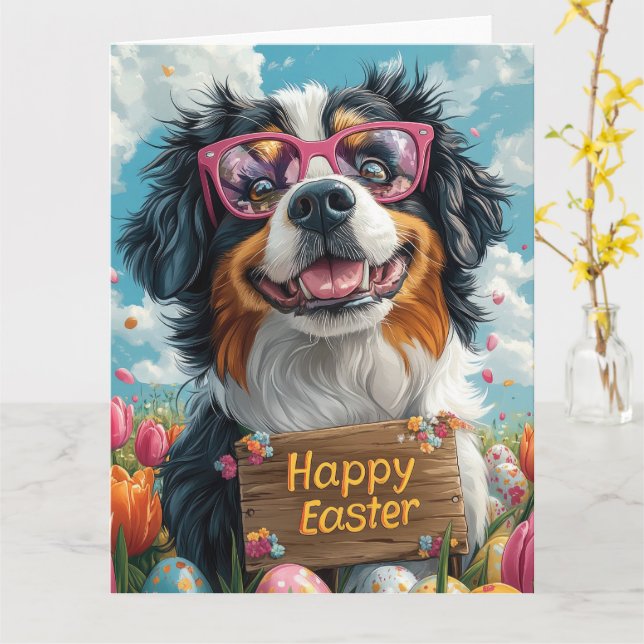 Bernese Mountain Easter Eggs Card (Yellow Flower)