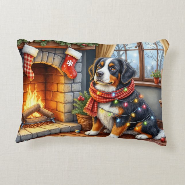 Bernese Mountain Fireplace with Christmas Lights Accent Pillow (Back)