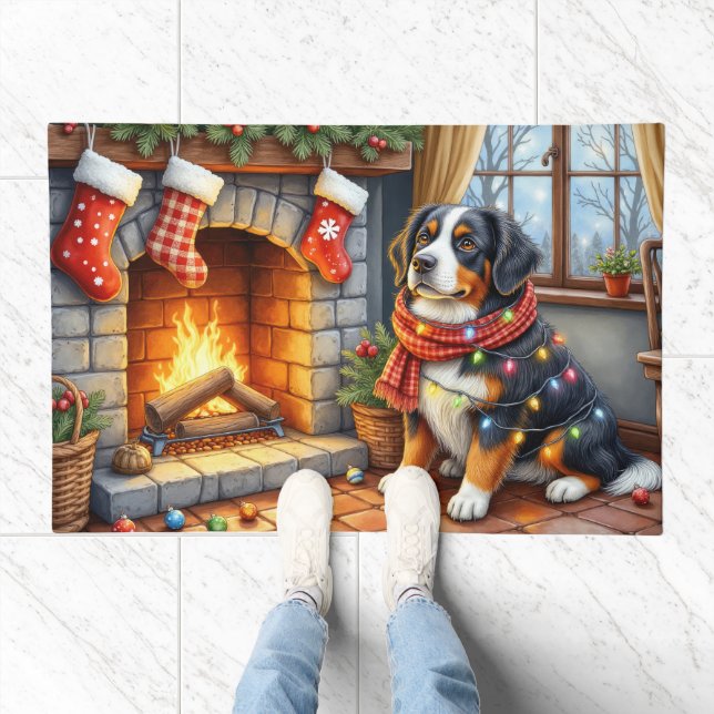 Bernese Mountain Fireplace with Christmas Lights Doormat (Indoor)