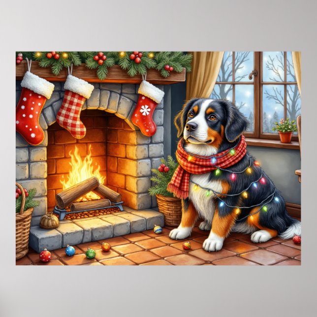 Bernese Mountain Fireplace with Christmas Lights Poster (Front)