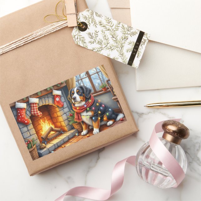 Bernese Mountain Fireplace with Christmas Lights Rectangular Sticker (Gifting)