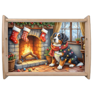 Bernese Mountain Fireplace with Christmas Lights Serving Tray