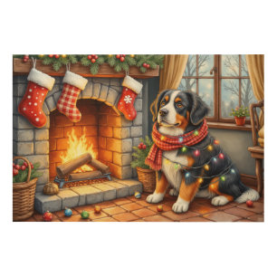 Bernese Mountain Fireplace with Christmas Lights Wood Wall Art