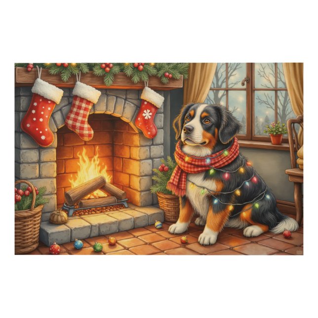 Bernese Mountain Fireplace with Christmas Lights Wood Wall Art (Front)