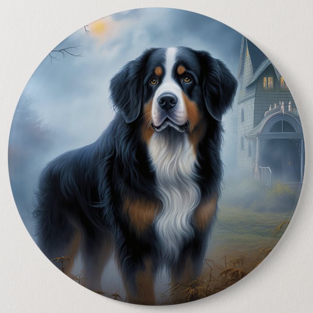 Bernese Mountain Halloween Scary Button (Front)
