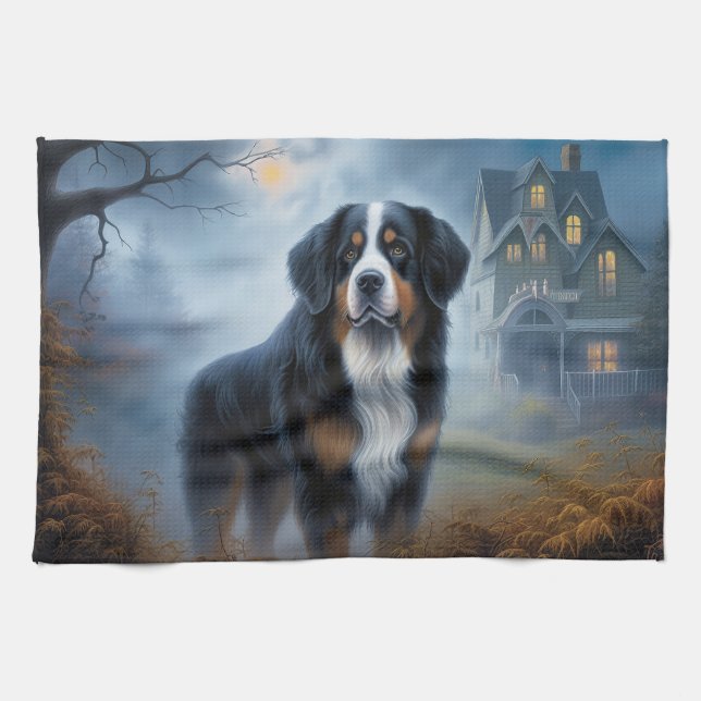 Bernese Mountain Halloween Scary Kitchen Towel (Horizontal)