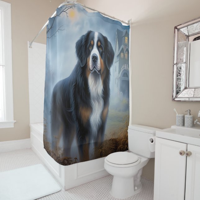 Bernese Mountain Halloween Scary Shower Curtain (In Situ)