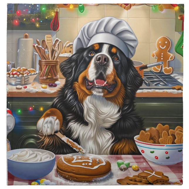 Bernese Mountain Holiday Baking: Festive Christmas Cloth Napkin (Front)
