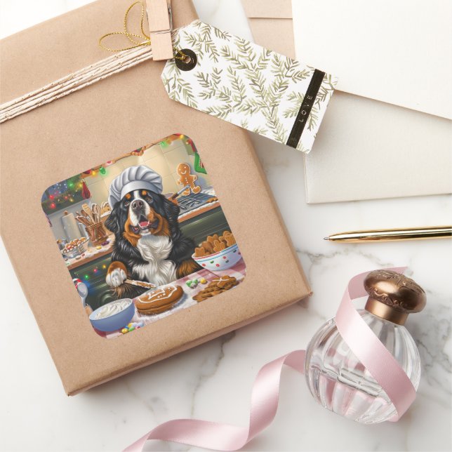 Bernese Mountain Holiday Baking: Festive Christmas Square Sticker (Gifting)