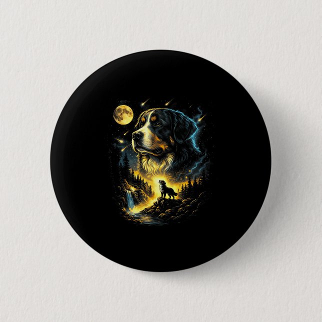 Bernese mountain howling to the moon fantasy dog button (Front)