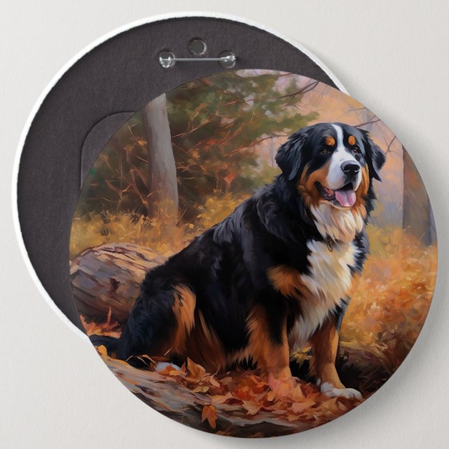 Bernese Mountain in Autumn Leaves Fall Inspire  Button (Front & Back)
