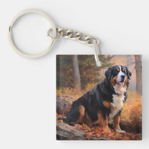 Bernese Mountain in Autumn Leaves Fall Inspire  Keychain