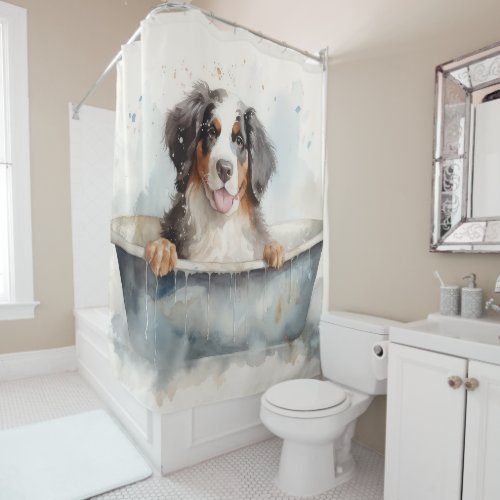 Bernese Mountain In Bathtub Watercolor Dog Art Shower Curtain