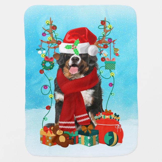 Bernese Mountain in snow with Christmas gifts  Baby Blanket (Front)
