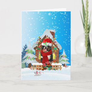 Bernese Mountain in snow with Christmas gifts Card