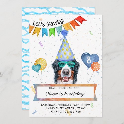 Bernese Mountain Lets Pawty Dog Birthday Party Invitation